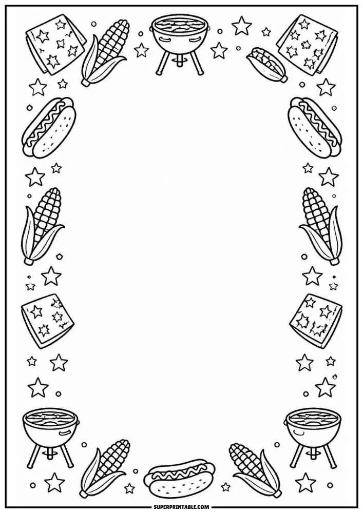 Border with barbecue grills, hot dogs, corn, picnic napkins, and stars around a blank center.