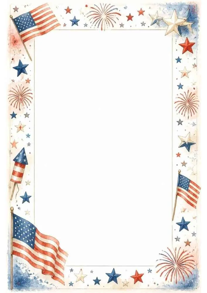 Patriotic border with American flags, stars, fireworks, and a large blank center.