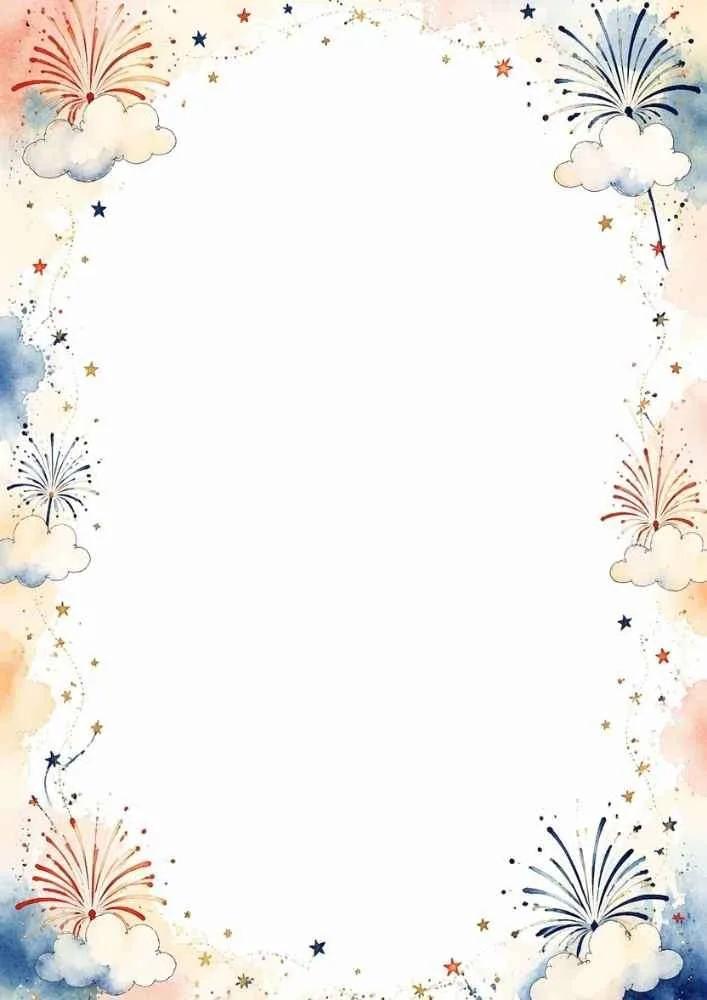 Border with clouds, fireworks, stars, and a large blank center.