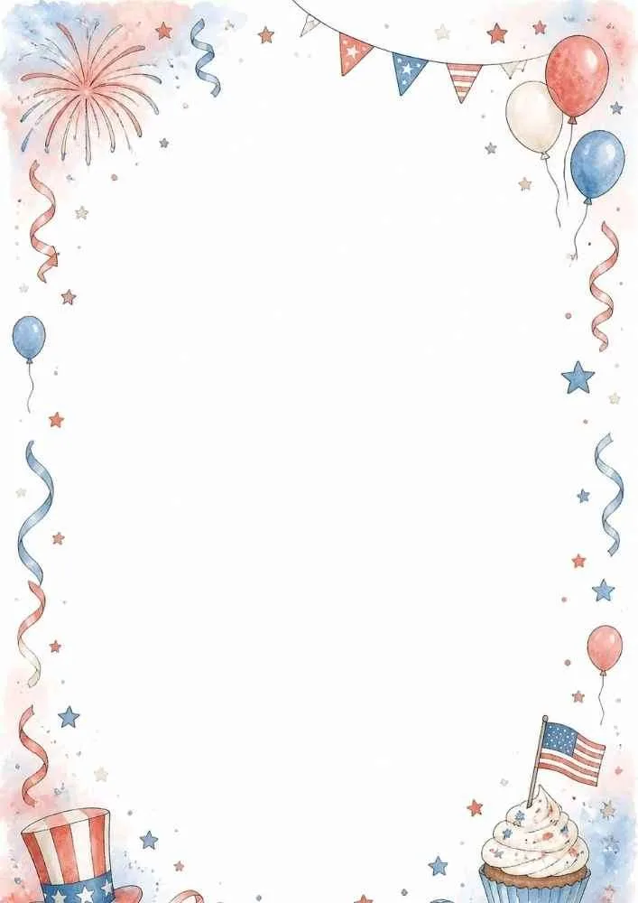 Patriotic border with balloons, bunting, fireworks, streamers, and blank center.