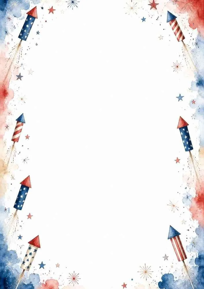 Patriotic border with firework rockets, stars, and a blank center.