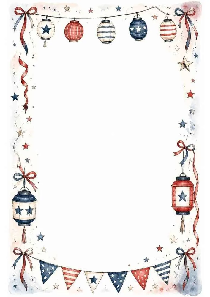 Patriotic border with lanterns, ribbons, bows, bunting, and stars.