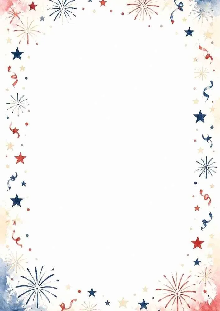 Border with fireworks, stars, streamers, and a blank center.