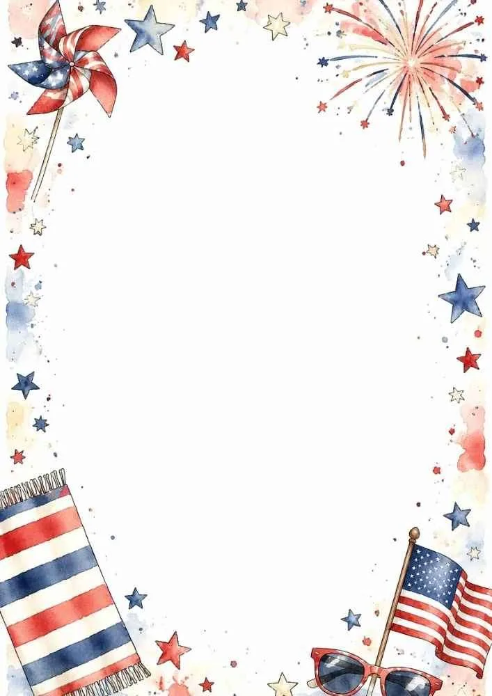 Patriotic border with picnic blanket, pinwheel, sunglasses, flag, and fireworks.