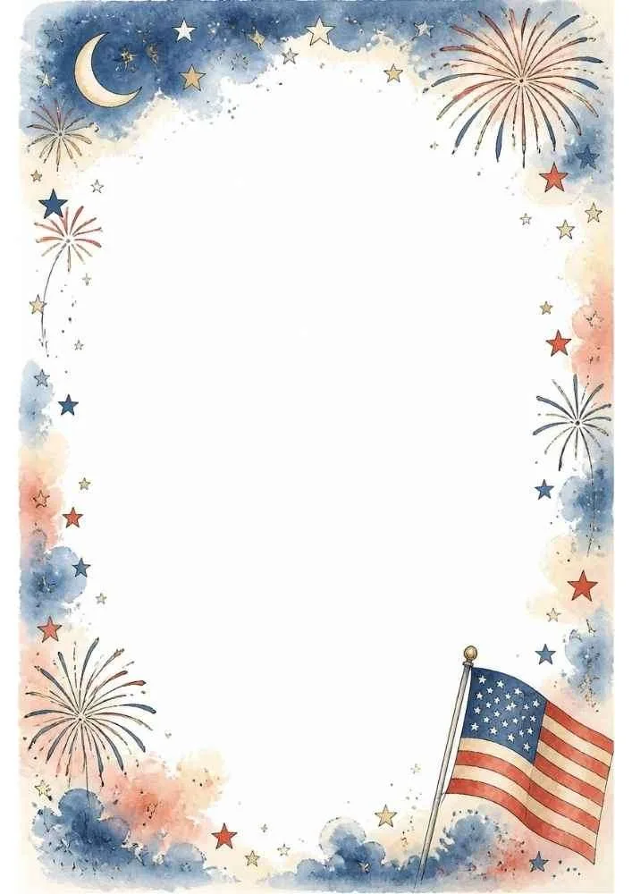 Patriotic border with moon, fireworks, stars, American flag, and blank center.