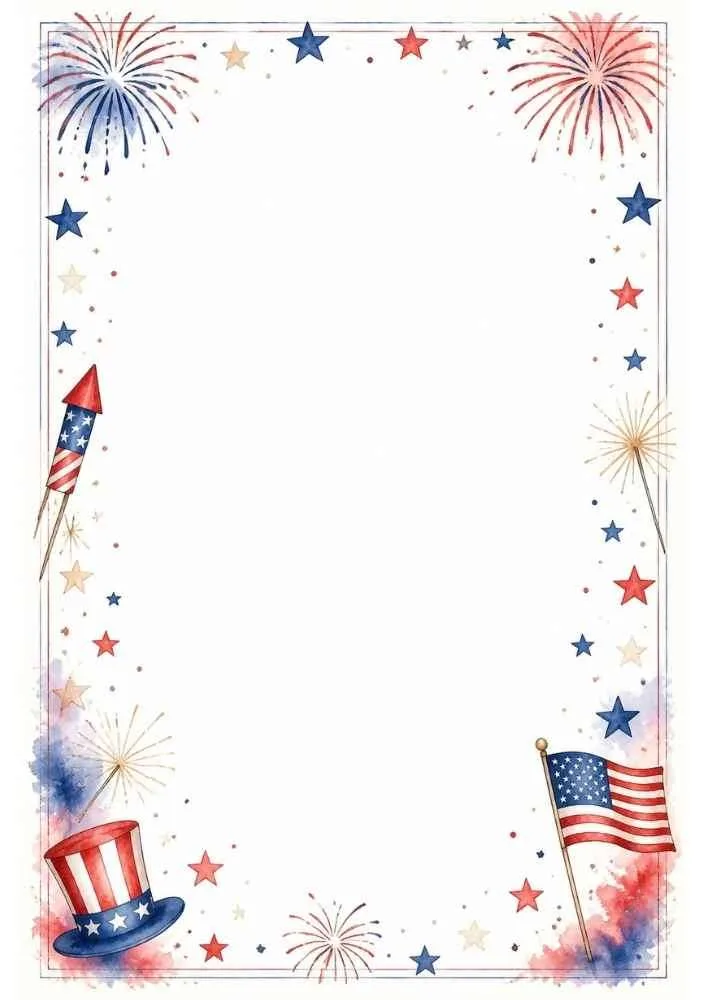 Patriotic border with fireworks, Uncle Sam hat, stars, and an American flag.