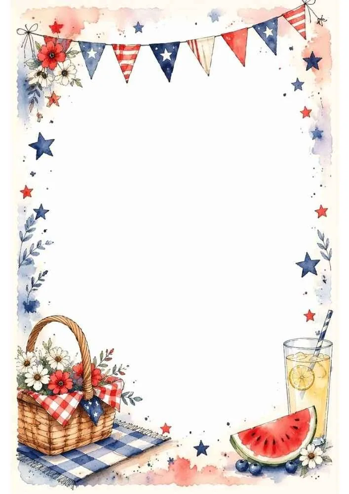 Patriotic border with bunting, picnic basket, lemonade, watermelon, flowers, and stars.