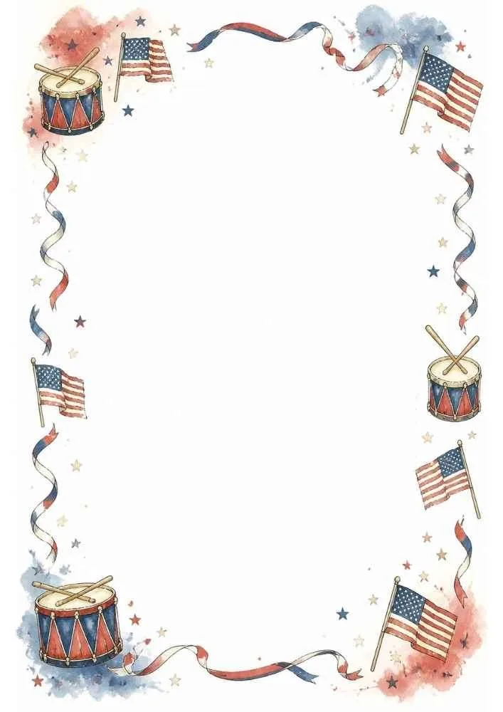 Patriotic border with drums, American flags, ribbons, stars, and blank center.