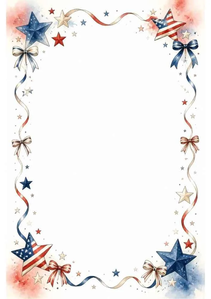 Border with patriotic stars, bows, ribbons, and small decorative stars.