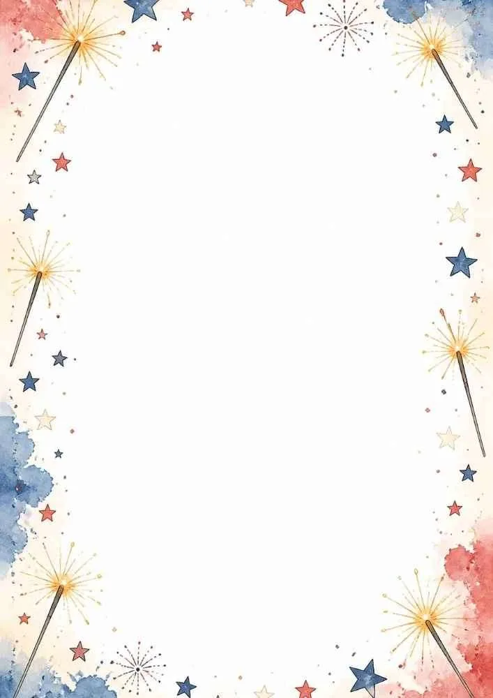 Patriotic border with sparklers, stars, and a large blank writing space.