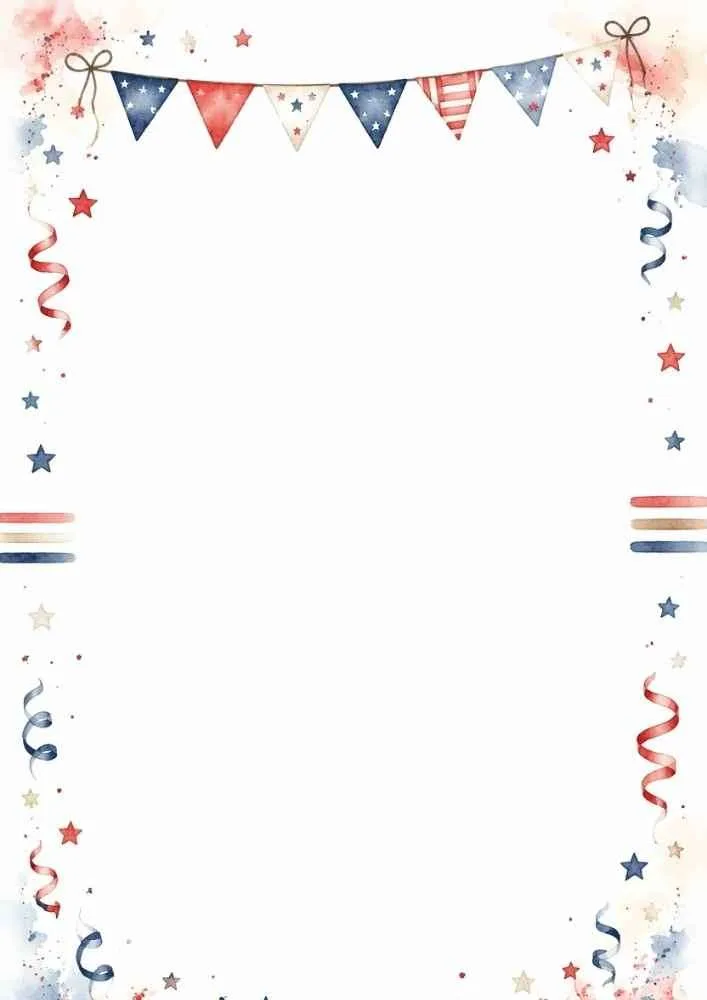 Patriotic border with bunting, streamers, stars, and blank center.