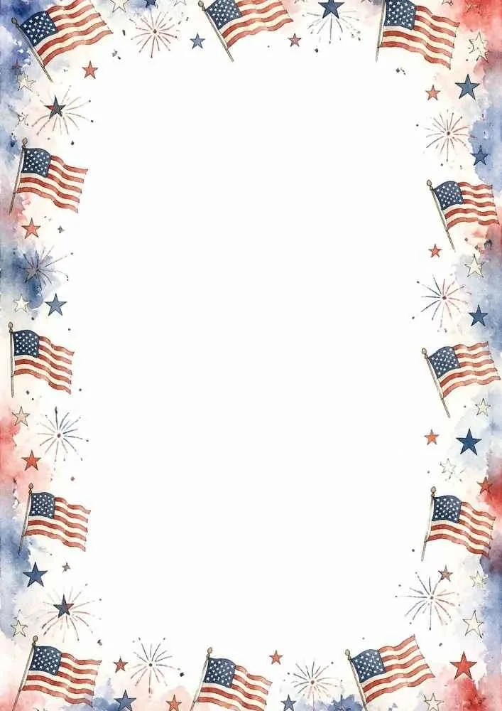 Border with American flags, fireworks, stars, and a blank center.