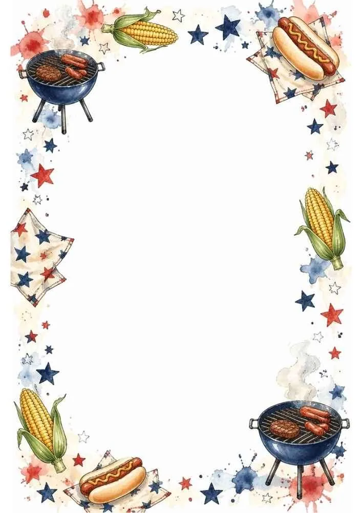 Patriotic border with barbecue grills, hot dogs, corn, stars, and blank center.