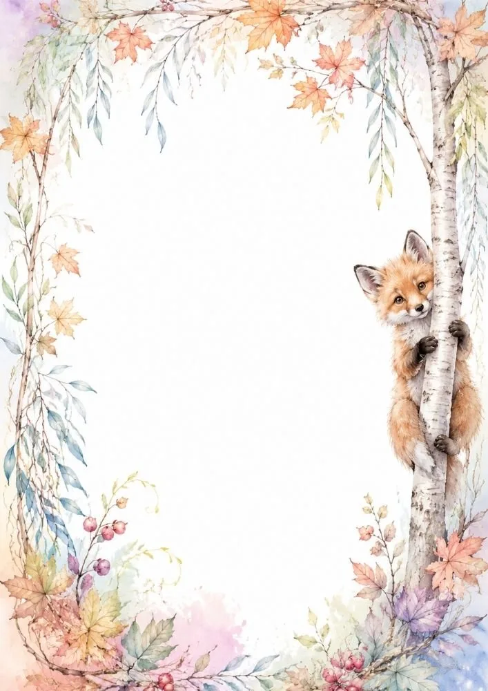 Watercolor fox background with a fox peeking from behind a birch tree surrounded by autumn leaves and woodland foliage.