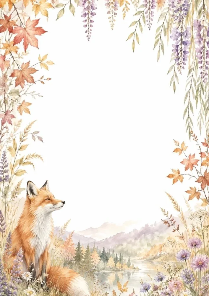 Watercolor fox background with a fox peeking through ferns, flowers, leaves, and woodland plants.