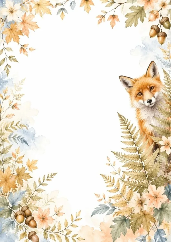 Watercolor fox background featuring a resting fox surrounded by acorns, autumn leaves, and woodland foliage.