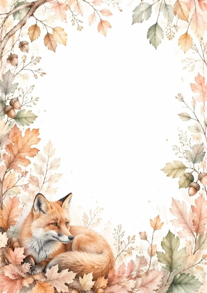 Watercolor fox background showing a fox walking on mossy rocks surrounded by flowers and woodland foliage.