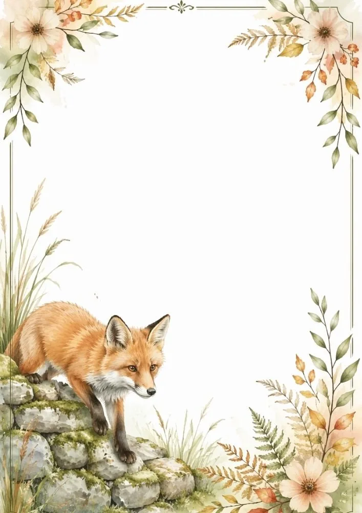 Watercolor fox background featuring a jumping fox surrounded by autumn leaves, flowers, and woodland details.