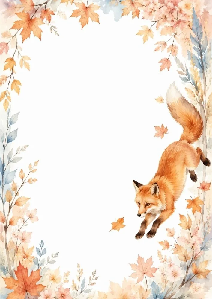 Watercolor fox background with a resting fox beneath an oak tree surrounded by leaves and woodland plants.