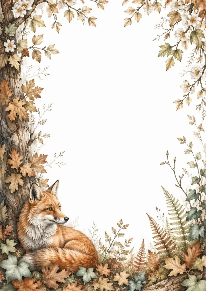 Watercolor fox background featuring a fox resting among autumn leaves, flowers, and woodland foliage.
