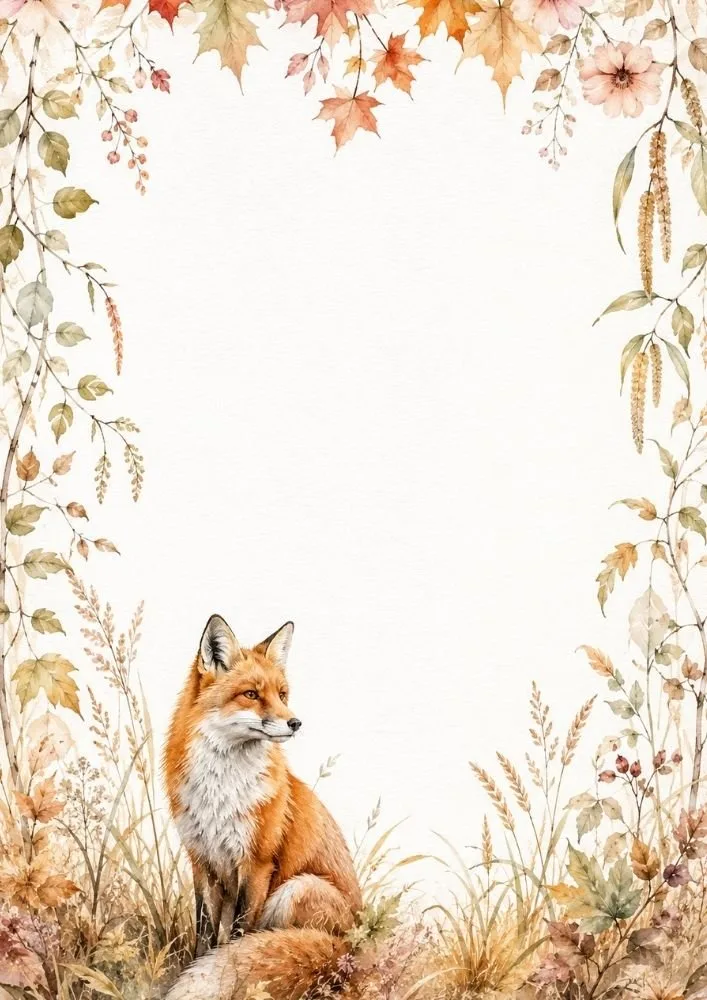 Watercolor fox background featuring a seated fox among grasses, autumn leaves, and woodland plants.