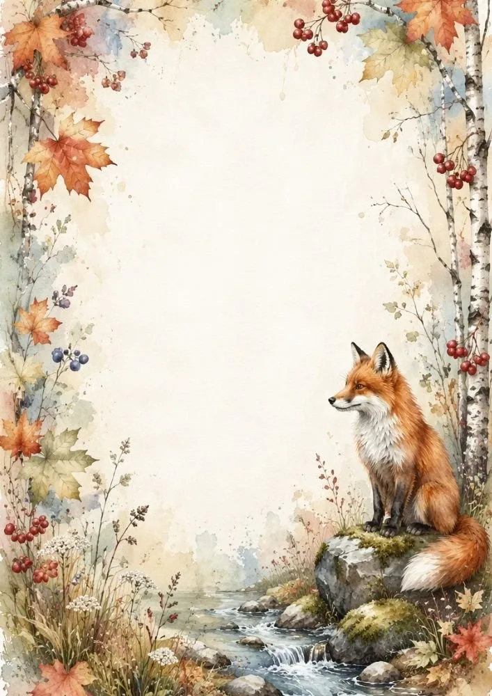 Watercolor fox background showing a fox beside a stream with autumn leaves, flowers, and woodland scenery.