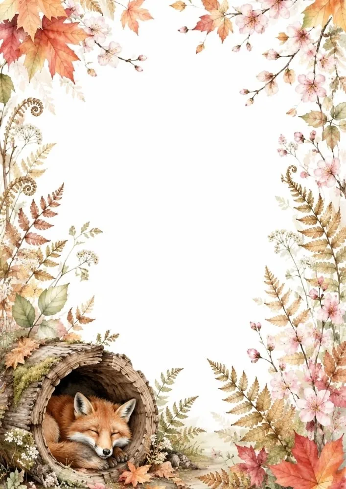 Watercolor fox background with a sleeping fox inside a hollow log surrounded by flowers and autumn foliage.