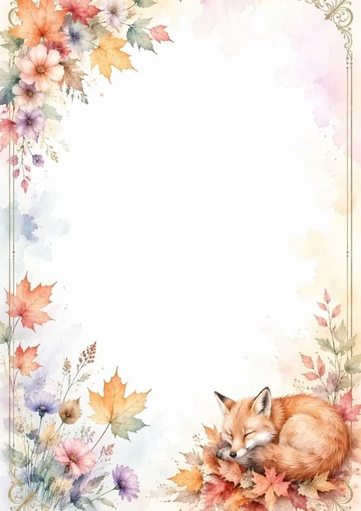 Watercolor fox background featuring a sleeping fox surrounded by autumn leaves and flowers.