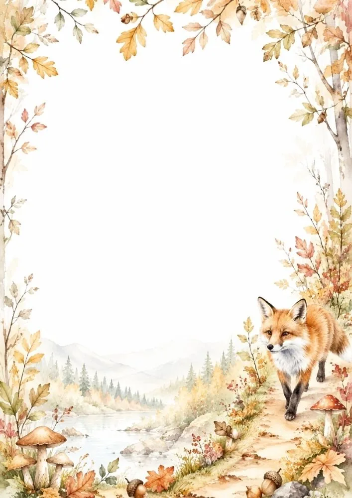 Watercolor fox background with a fox walking near a river surrounded by autumn leaves, plants, and woodland scenery.