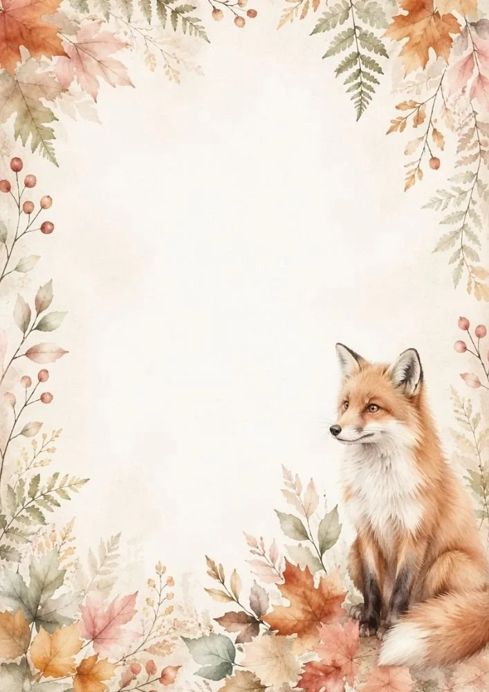Watercolor fox background featuring a seated fox surrounded by autumn leaves, berries, and botanical elements.