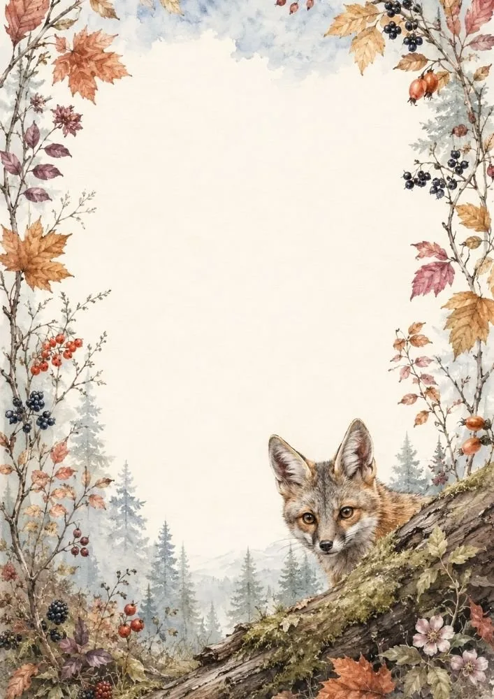 Watercolor fox background with a fox peeking over a mossy log surrounded by berries and woodland plants.
