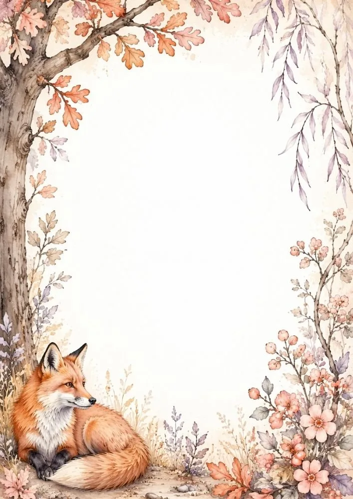 Watercolor fox background featuring a fox beside a lake surrounded by flowers, leaves, and woodland scenery.
