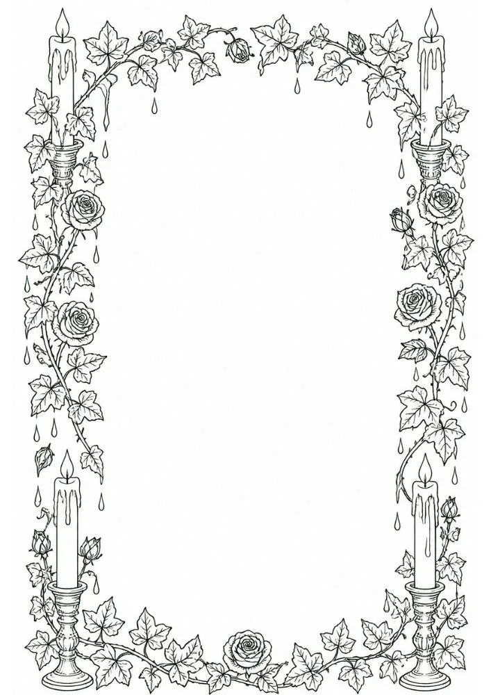 Gothic border with roses, ivy vines, candles, and wax details.