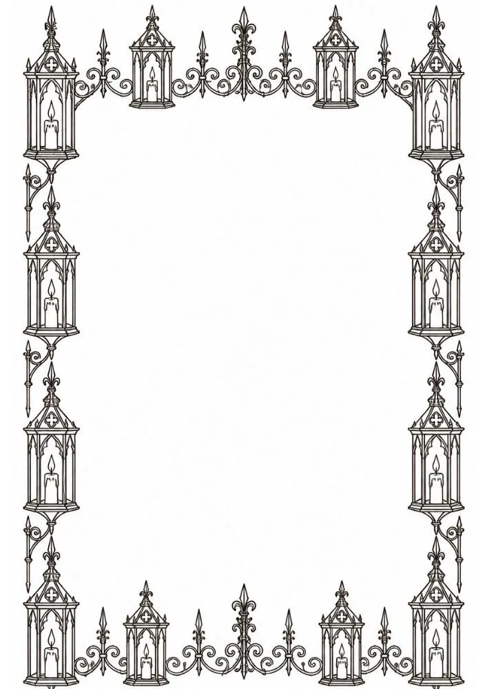 Gothic border with lanterns, wax drips, and decorative frame elements.