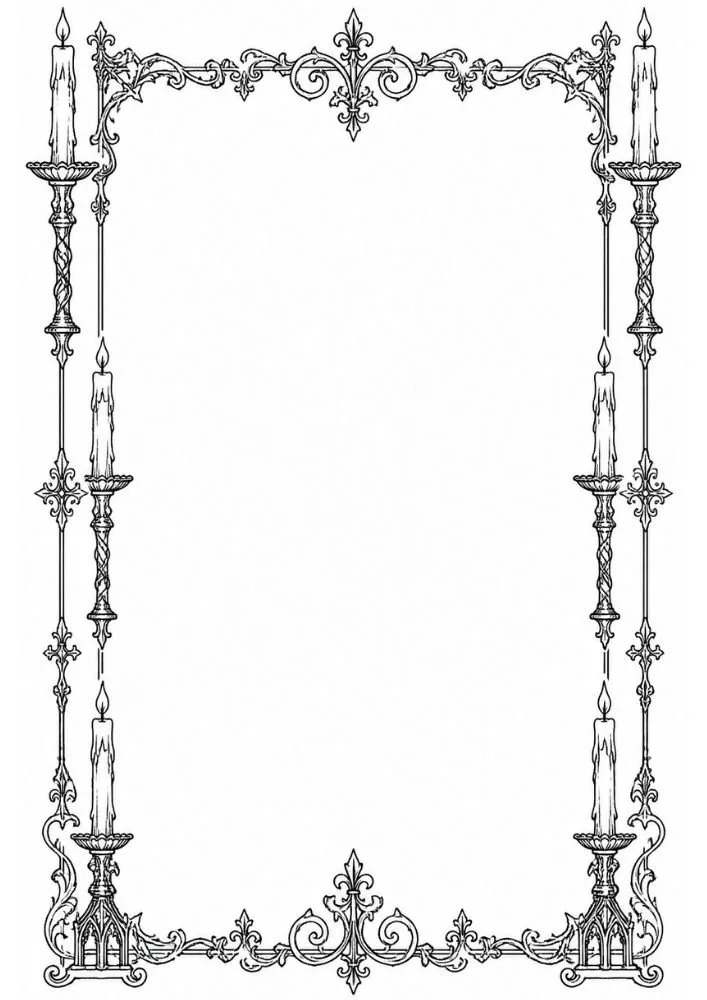 Victorian style border with candles, dripping wax, and ornamental frame details.