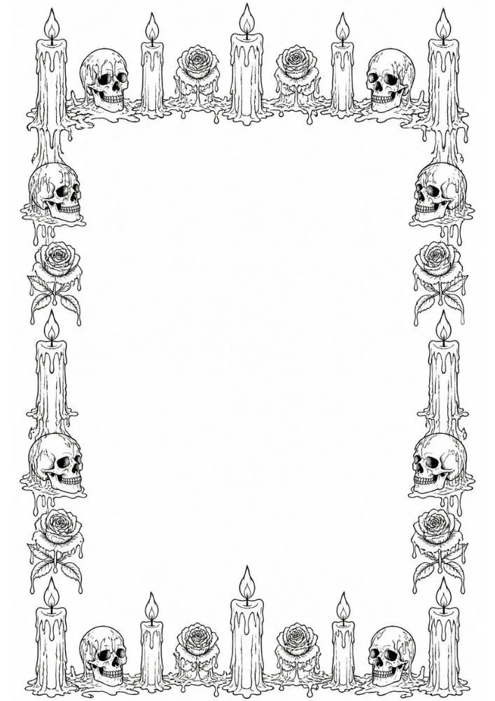 Gothic border with candles, skull decorations, and dripping wax details.
