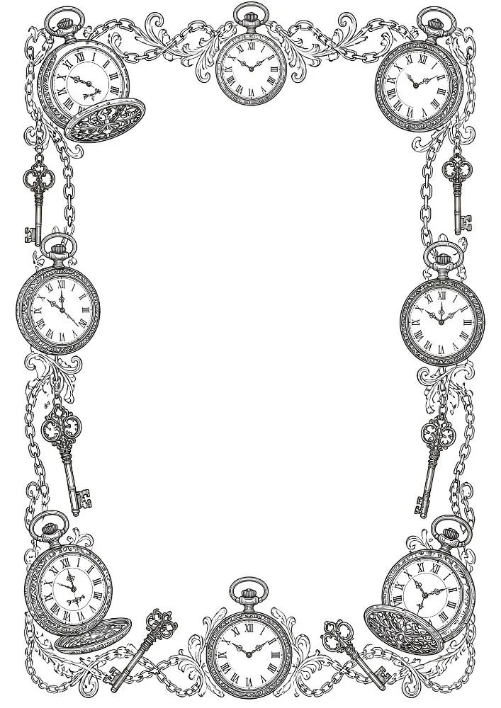 Gothic border with pocket watches, chains, and antique skeleton keys.