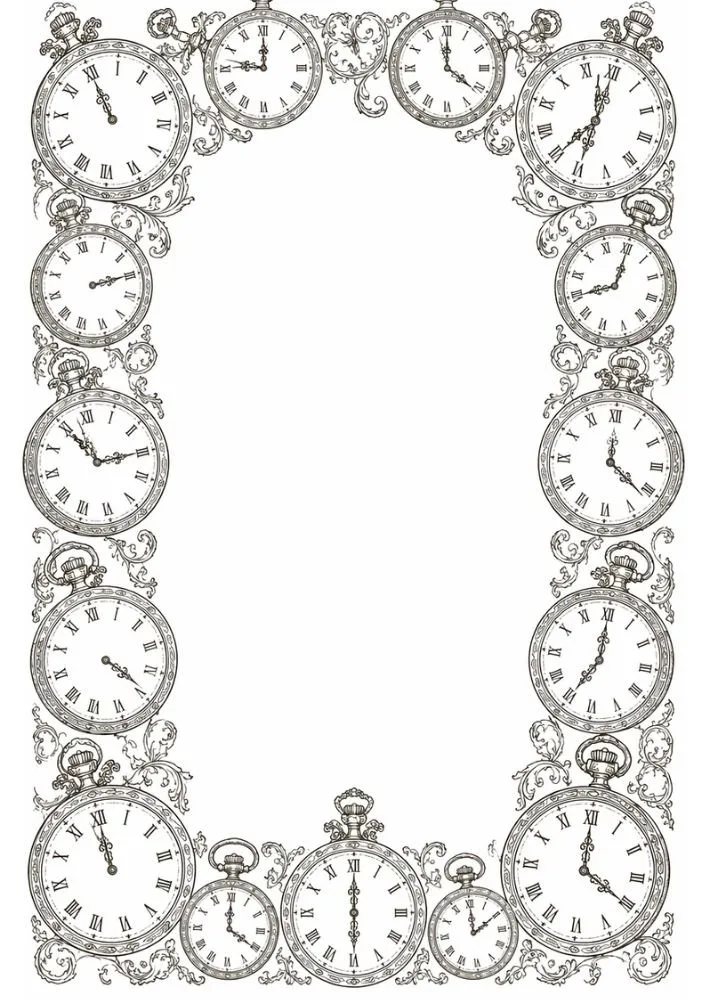 Border featuring an assortment of antique pocket watches and scrollwork.
