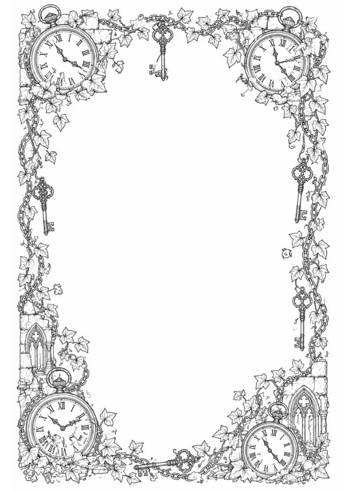 Gothic ivy border with clocks, chains, keys, and stone details.