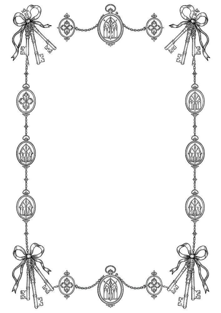 Gothic cameo border with ribbons, chains, and ornate skeleton keys.