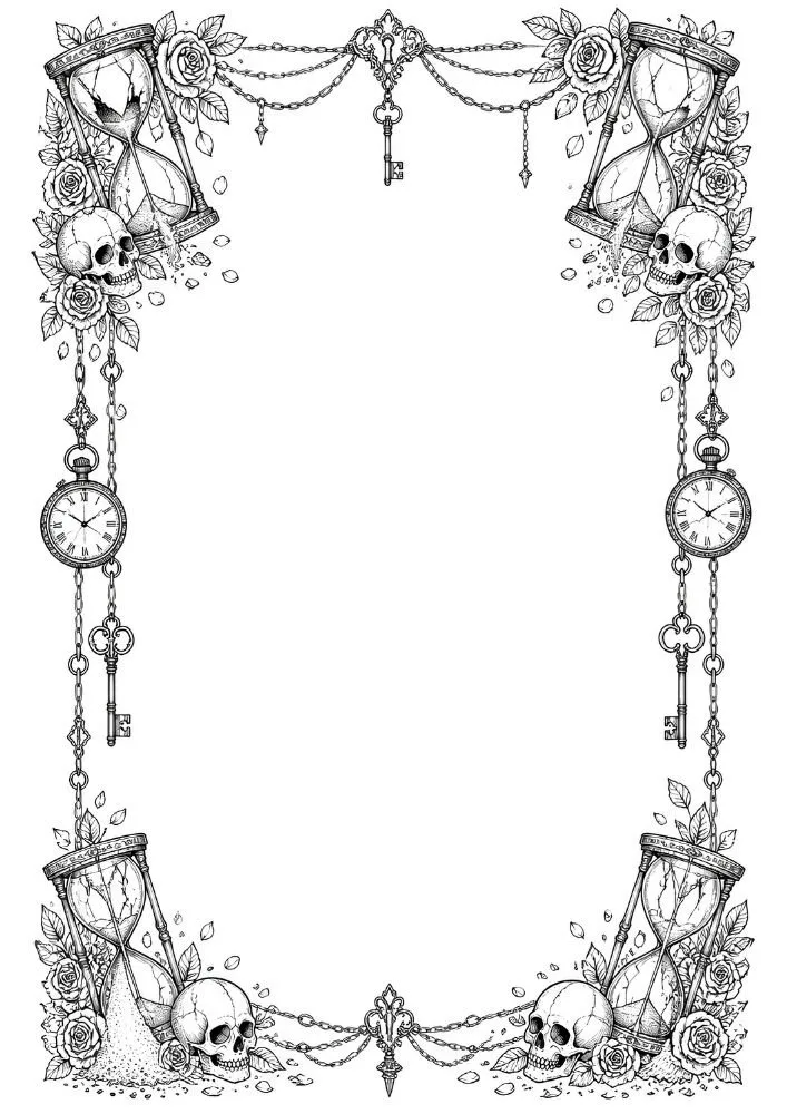 Gothic border featuring skulls, roses, hourglasses, chains, and pocket watches.