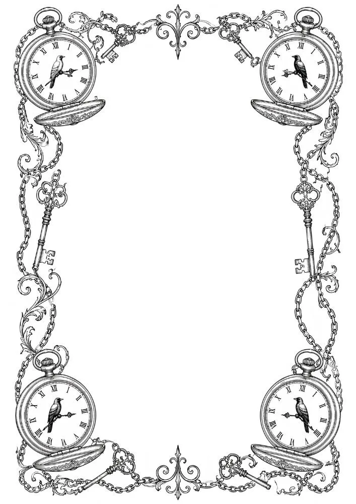 Gothic raven border with pocket watches, chains, and antique keys.