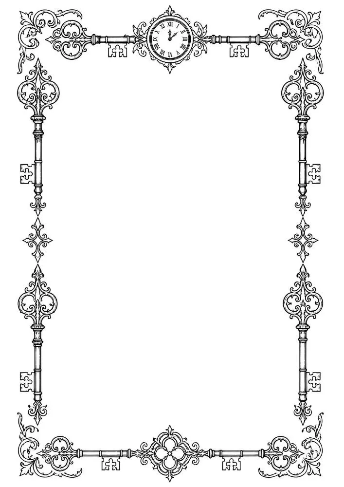 Ornate border featuring decorative skeleton keys and vintage clock details.