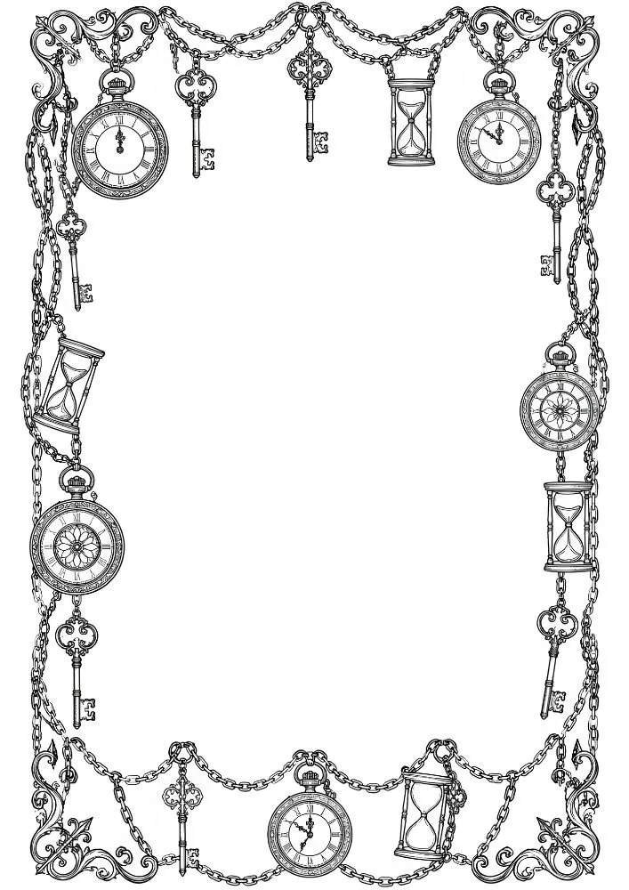 Vintage border with chains, hourglasses, keys, and pocket watches.
