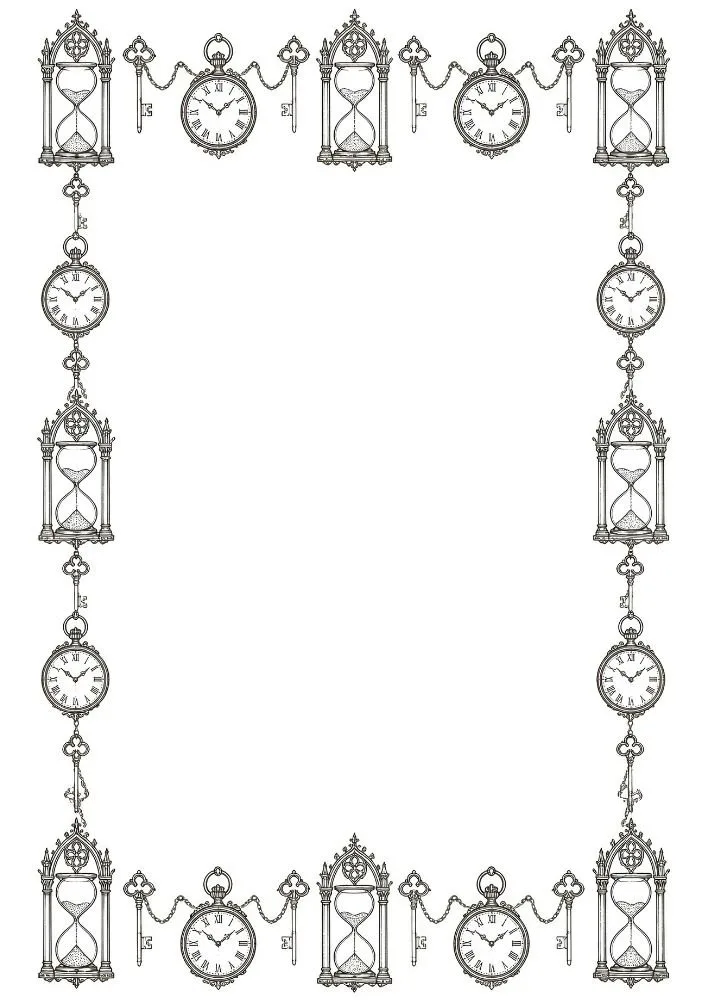 Gothic border with hourglasses, clocks, and antique key motifs.