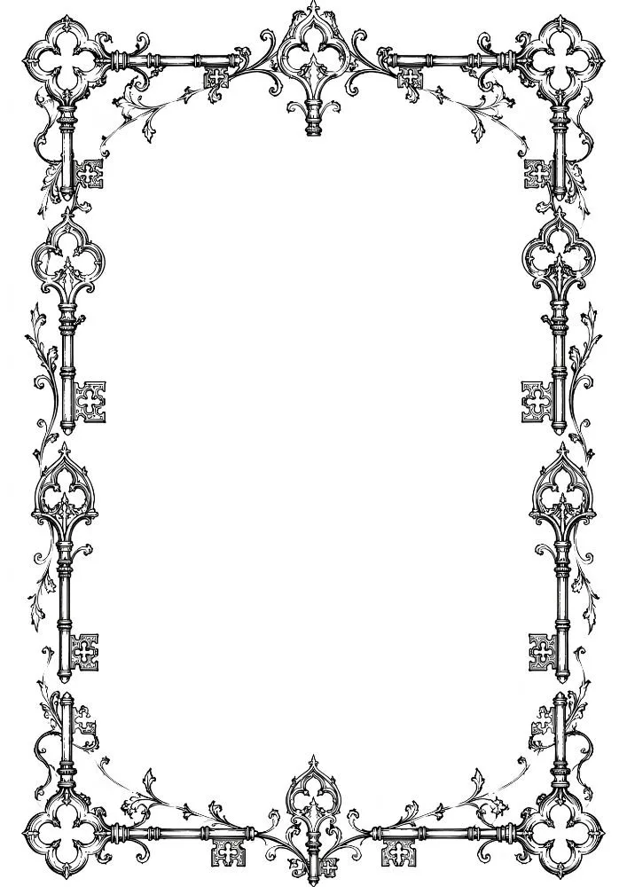 Victorian-inspired border with decorative skeleton keys and scrollwork.