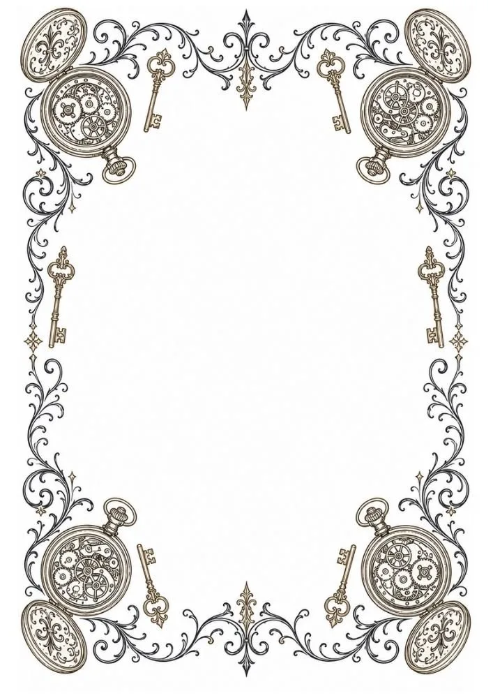 Steampunk border featuring open pocket watches, gears, and antique keys.