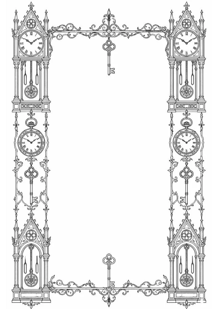 Gothic border with grandfather clocks and decorative antique keys.