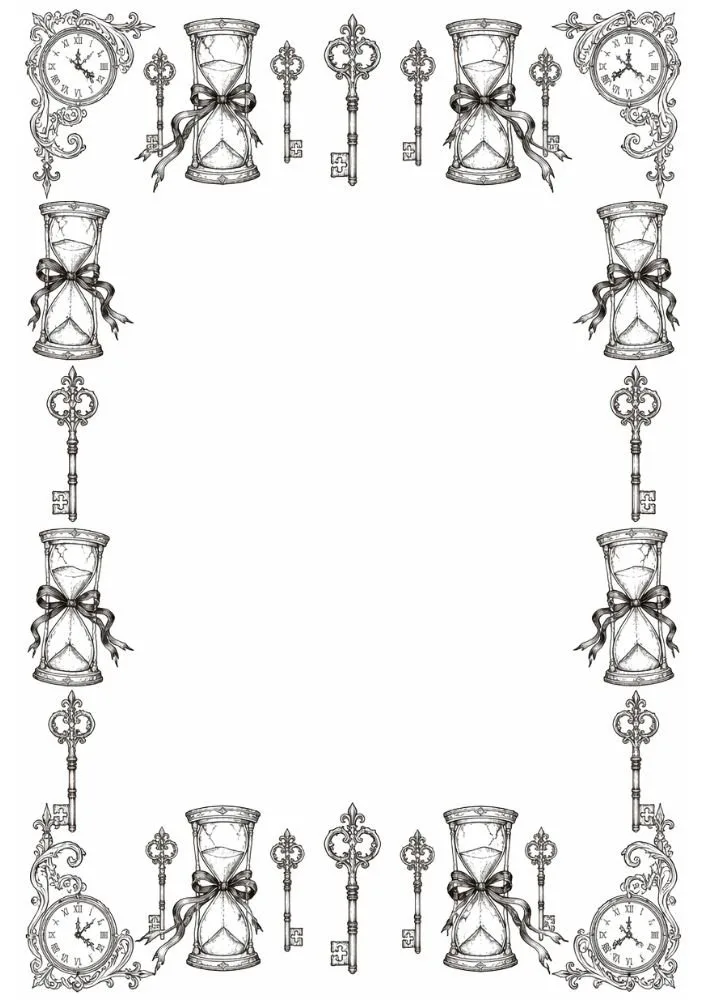 Decorative border with ribbon-tied hourglasses and antique keys.