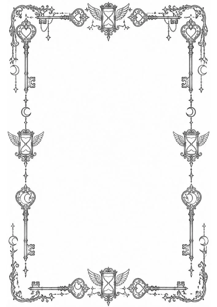 Fantasy gothic border with winged hourglasses, moons, and ornate keys.
